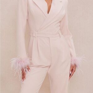 Elegant Pink Jumpsuit with Feather Cuffs